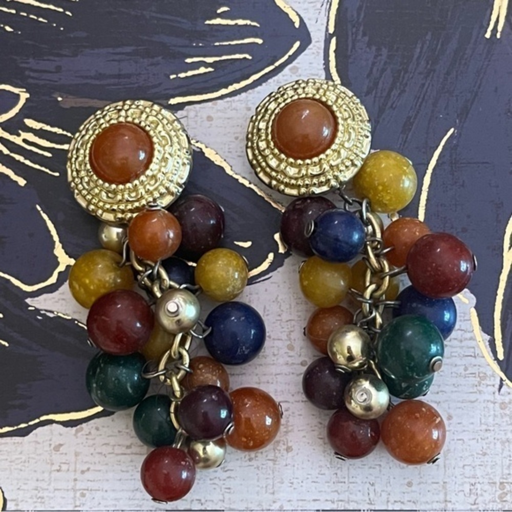 Vintage 80s Chunky Beaded BOLD Acrylic Clip On Earrings Gold and Jewel Tones